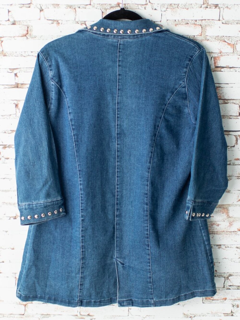 Tia Women's Small Studded Denim Duster Jacket Blue Open Front Stretch 3/4 Sleeve - Picture 8 of 10